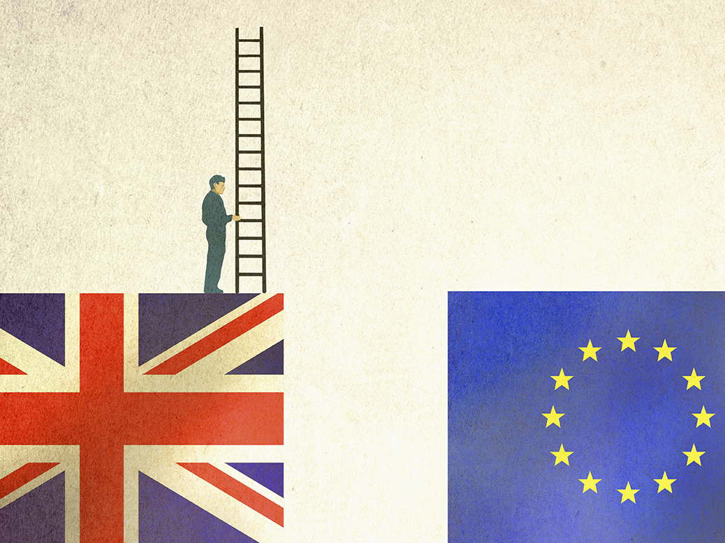 illustration of Businessman standing on UK flag with a ladder looking to bridge the gap with European Union